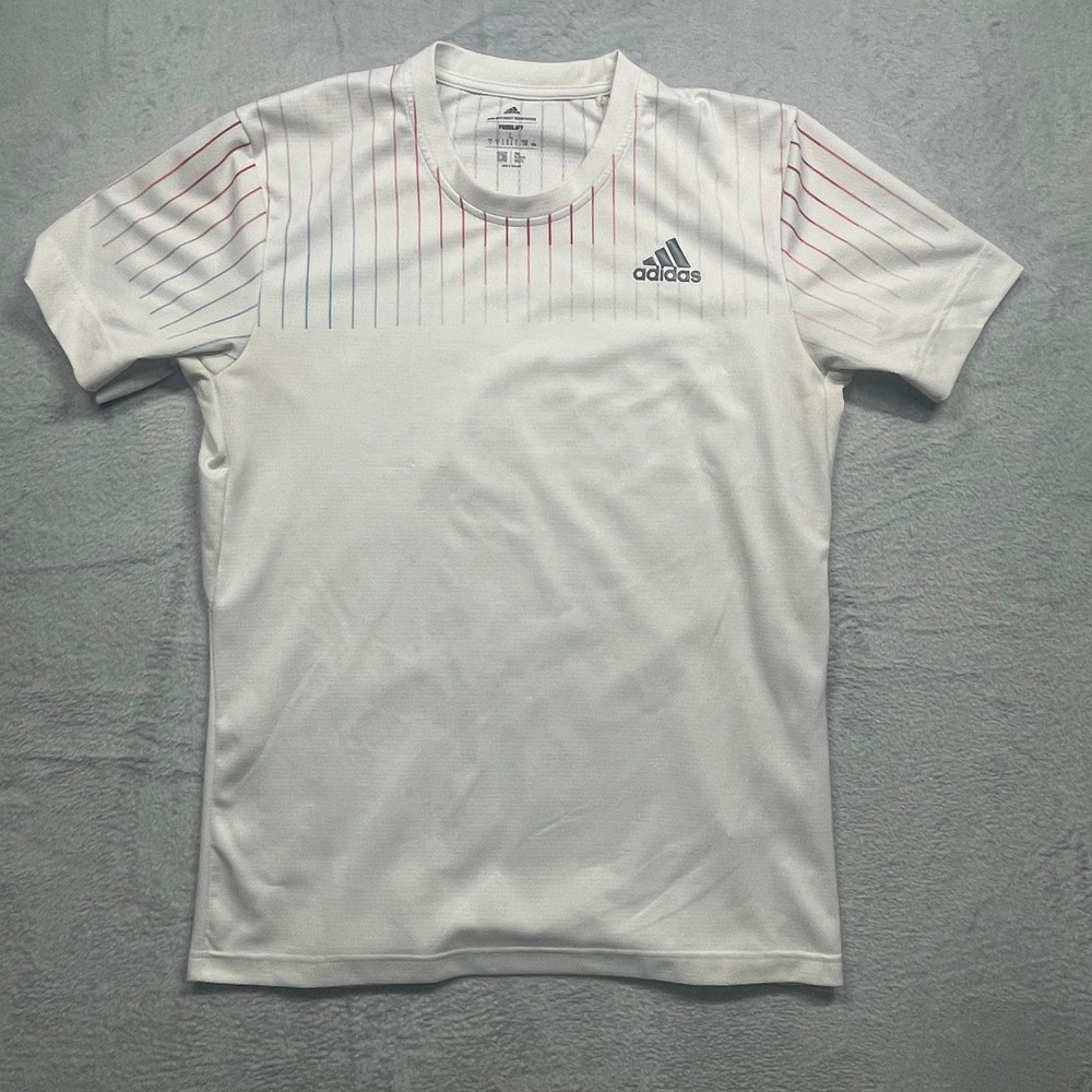 Adidas Freelift T-Shirt Men Large White Red Blue Pinstripe AEROREADY Tennis